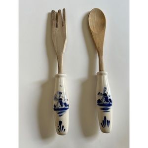 Blue and White Delft Blue and White Porcelain Handled Fork and Spoon Set